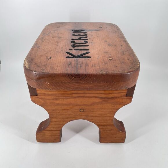 Vintage Solid Wood Stool “Kitchen” Rustic Farmhouse Primitive Decor - Picture 4 of 10